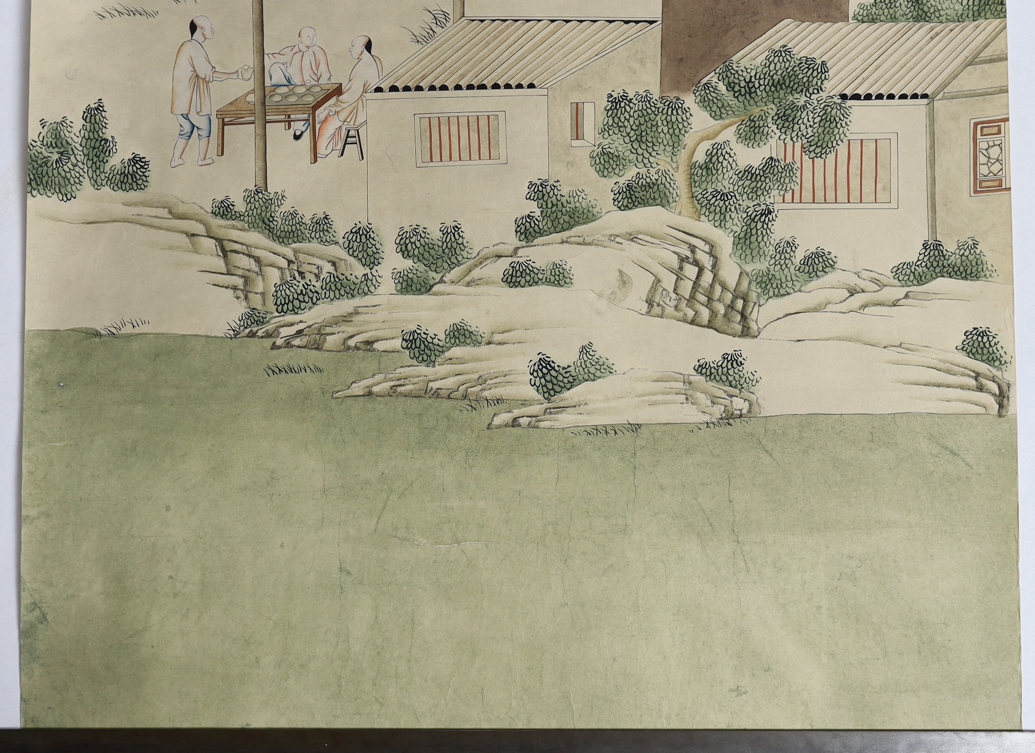 A Chinese painted wallpaper panel, c.1800, 148cm x 78cm